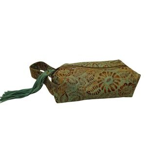 Myra Bag Turquoise Embossed Floral Leather Canvas Wristlet Toiletry Pouch Bag